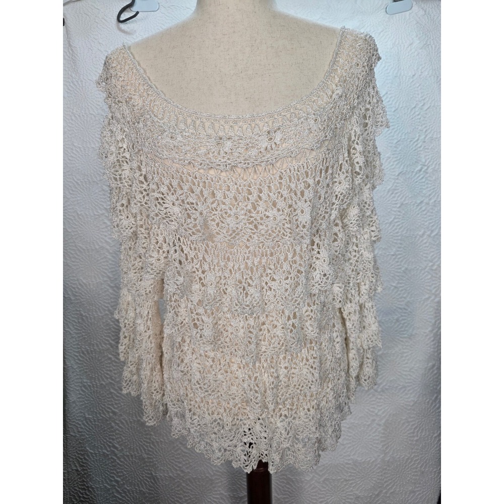 Boston Proper Crochet Ruffle Top Women ML Ivory Metallic Boho Lace Blouse Exc